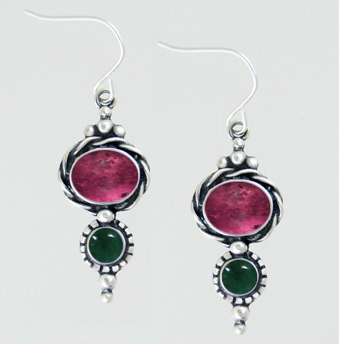 Sterling Silver Drop Dangle Earrings With Pink Tourmaline And Fluorite